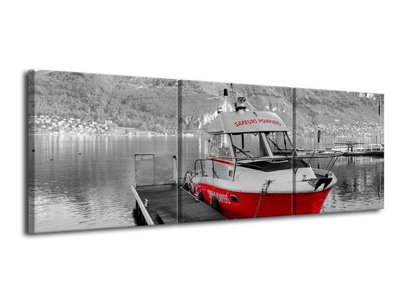 Canvas Schilderij Boot, Bergen | Zwart, Wit, Rood | 120x40cm 3Luik