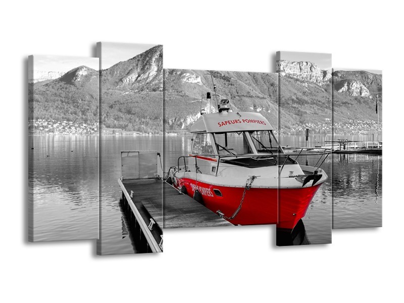 Glasschilderij Boot, Bergen | Zwart, Wit, Rood | 120x65cm 5Luik