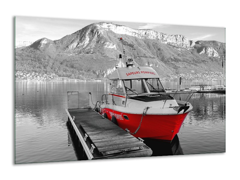 Canvas Schilderij Boot, Bergen | Zwart, Wit, Rood | 120x70cm 1Luik