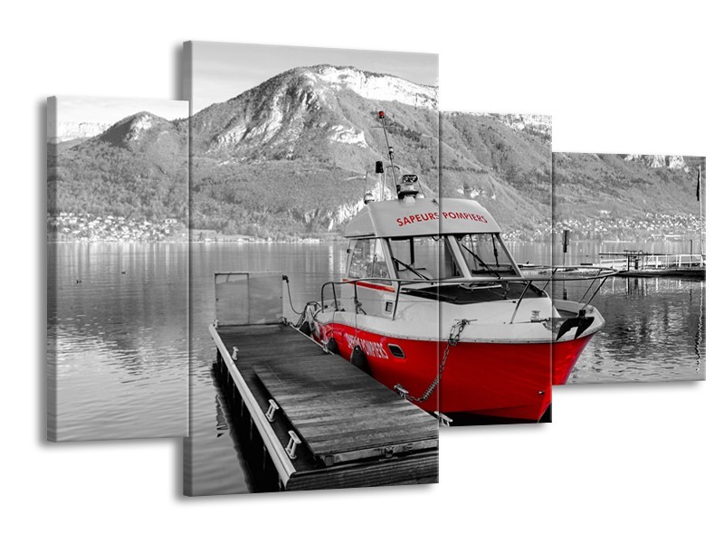 Glasschilderij Boot, Bergen | Zwart, Wit, Rood | 120x75cm 4Luik