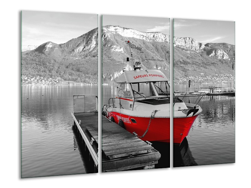 Glasschilderij Boot, Bergen | Zwart, Wit, Rood | 120x80cm 3Luik