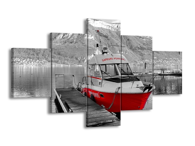Glasschilderij Boot, Bergen | Zwart, Wit, Rood | 125x70cm 5Luik