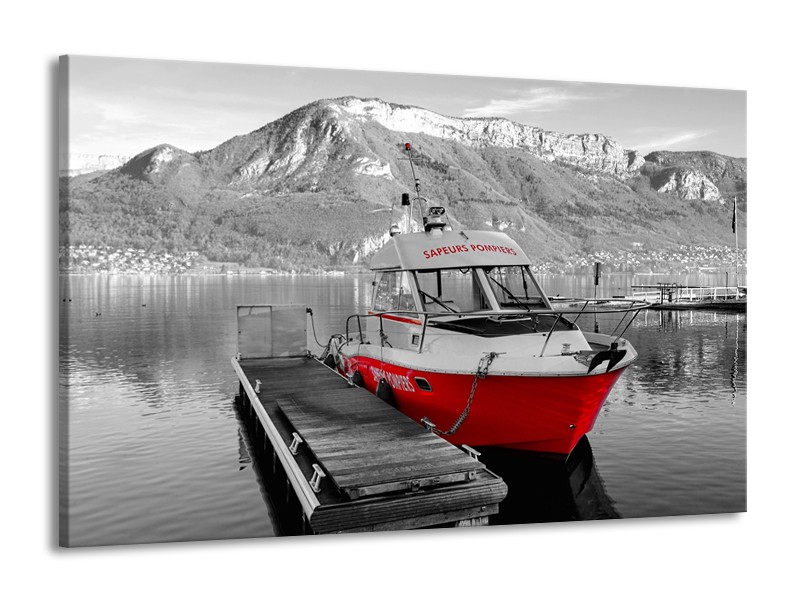 Glasschilderij Boot, Bergen | Zwart, Wit, Rood | 140x90cm 1Luik