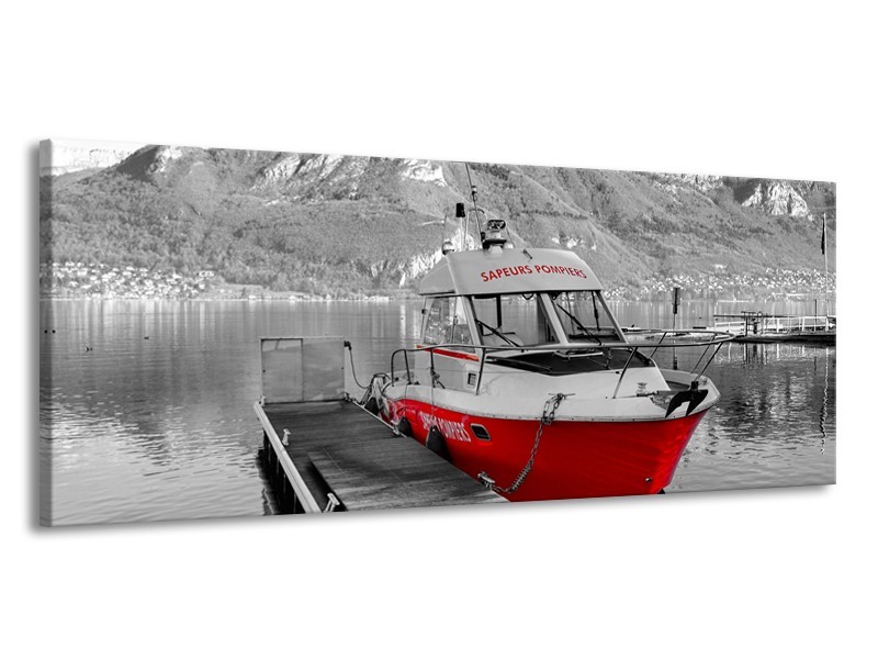 Canvas Schilderij Boot, Bergen | Zwart, Wit, Rood | 145x58cm 1Luik