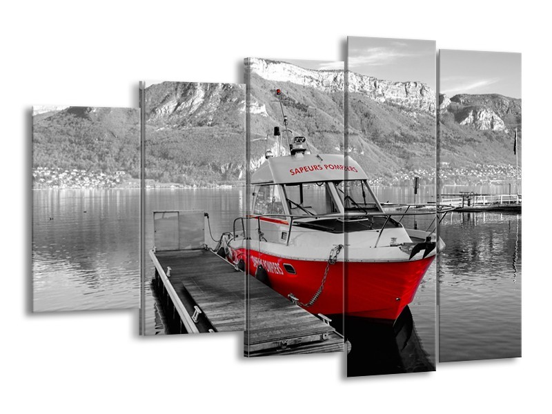 Glasschilderij Boot, Bergen | Zwart, Wit, Rood | 150x100cm 5Luik