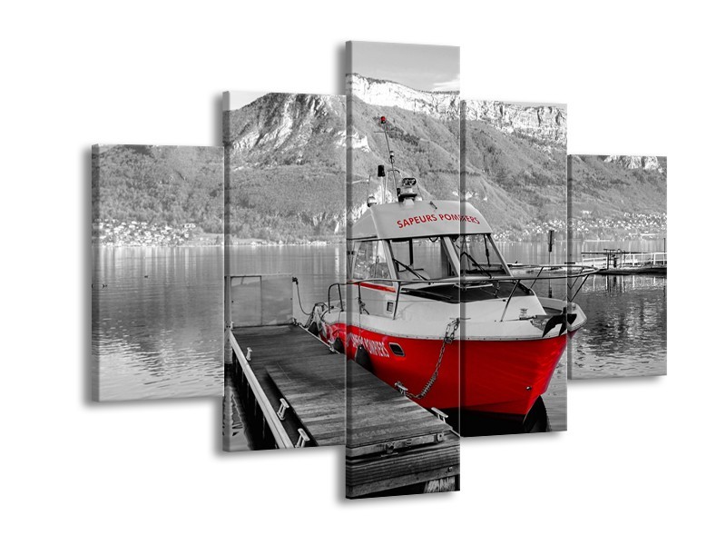 Glasschilderij Boot, Bergen | Zwart, Wit, Rood | 150x105cm 5Luik