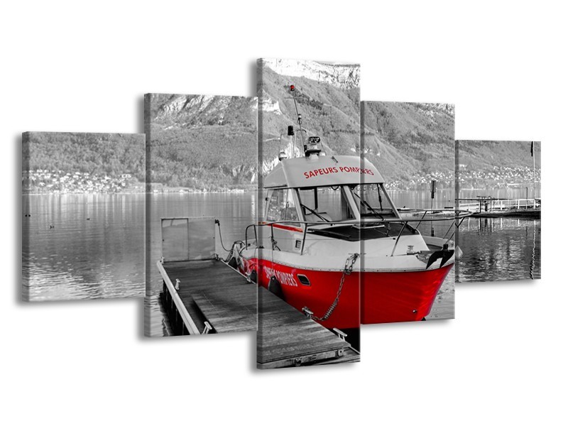 Glasschilderij Boot, Bergen | Zwart, Wit, Rood | 150x80cm 5Luik