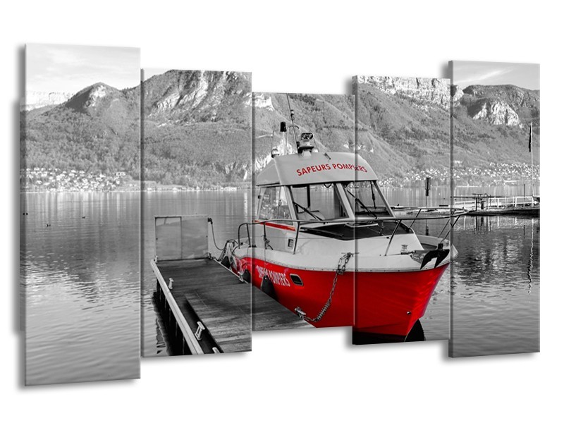 Canvas Schilderij Boot, Bergen | Zwart, Wit, Rood | 150x80cm 5Luik