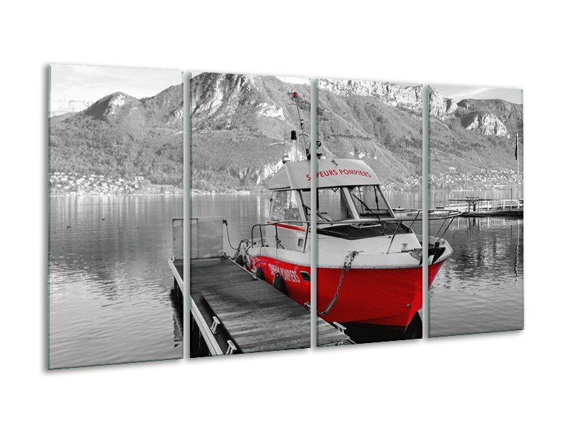 Canvas Schilderij Boot, Bergen | Zwart, Wit, Rood | 160x80cm 4Luik