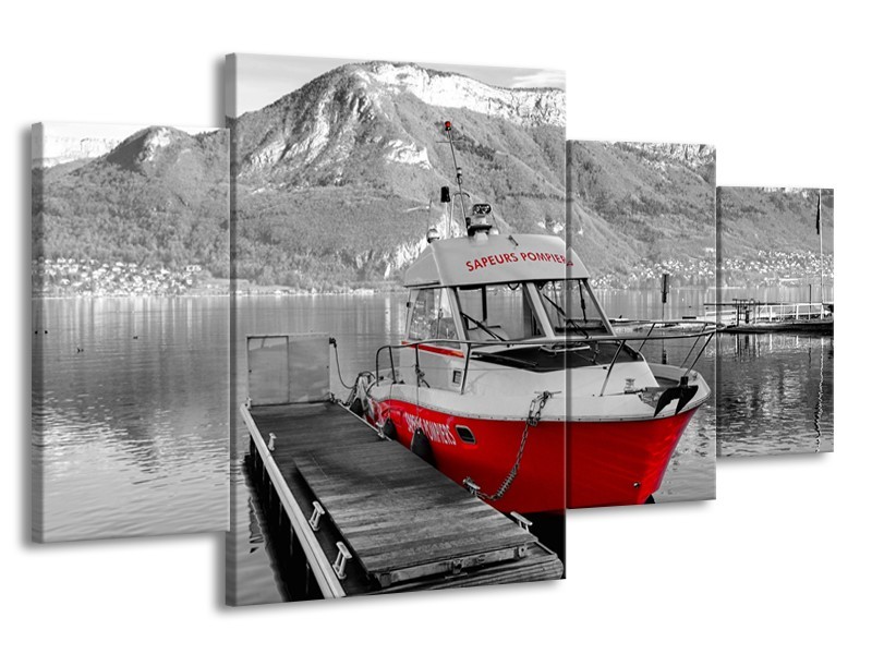 Canvas Schilderij Boot, Bergen | Zwart, Wit, Rood | 160x90cm 4Luik