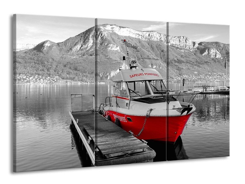 Canvas Schilderij Boot, Bergen | Zwart, Wit, Rood | 165x100cm 3Luik