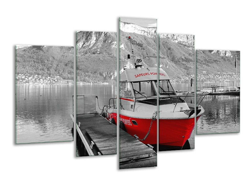 Glasschilderij Boot, Bergen | Zwart, Wit, Rood | 170x100cm 5Luik