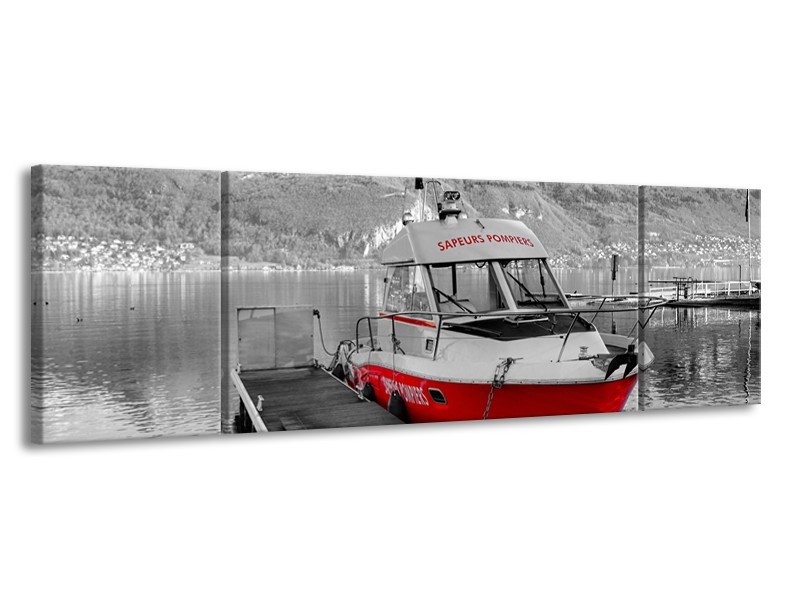 Canvas Schilderij Boot, Bergen | Zwart, Wit, Rood | 170x50cm 3Luik