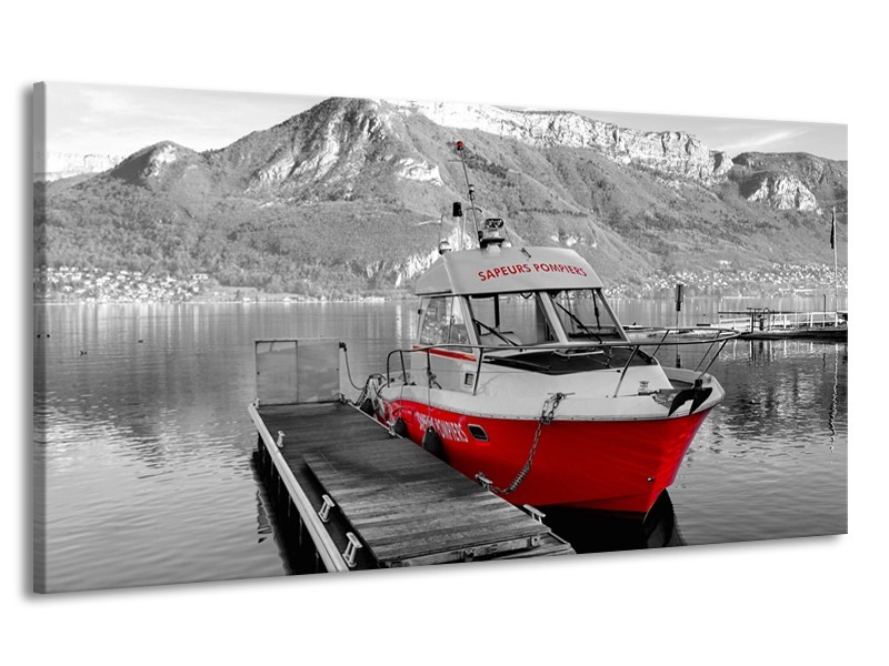 Canvas Schilderij Boot, Bergen | Zwart, Wit, Rood | 170x90cm 1Luik