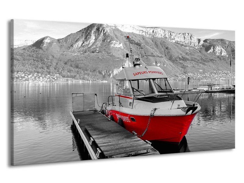 Canvas Schilderij Boot, Bergen | Zwart, Wit, Rood | 190x100cm 1Luik