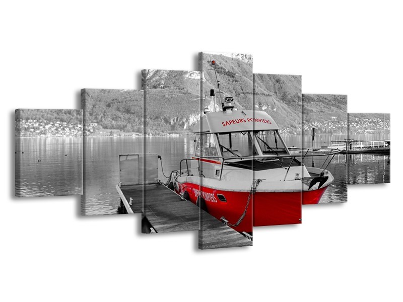 Glasschilderij Boot, Bergen | Zwart, Wit, Rood | 210x100cm 7Luik