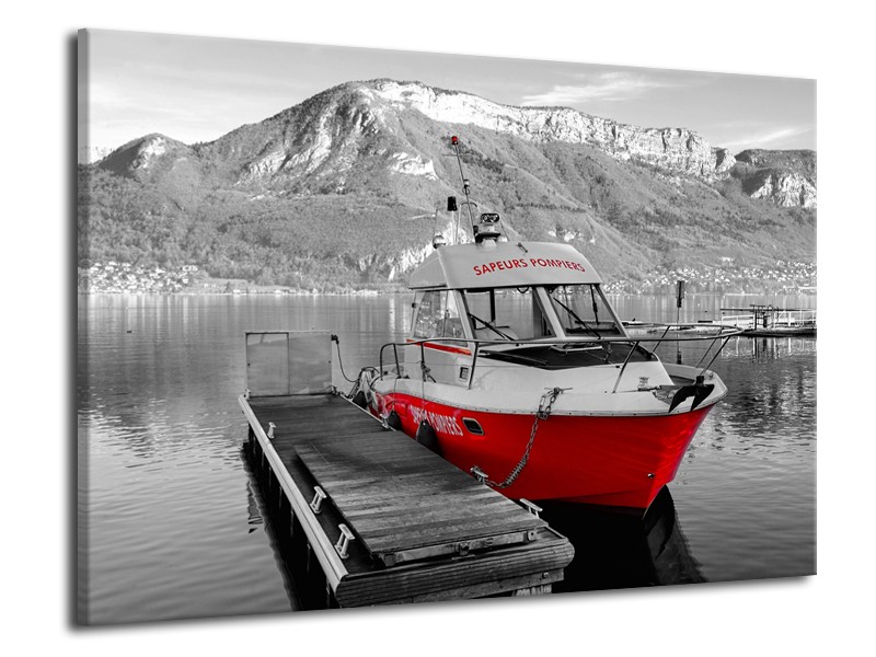 Glasschilderij Boot, Bergen | Zwart, Wit, Rood | 70x50cm 1Luik