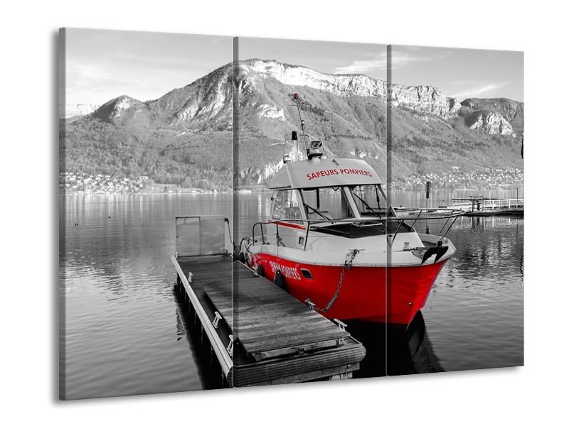 Canvas Schilderij Boot, Bergen | Zwart, Wit, Rood | 60x90cm 3Luik