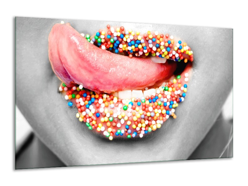 Canvas Schilderij Lippen, Tong | Grijs, Roze | 120x70cm 1Luik