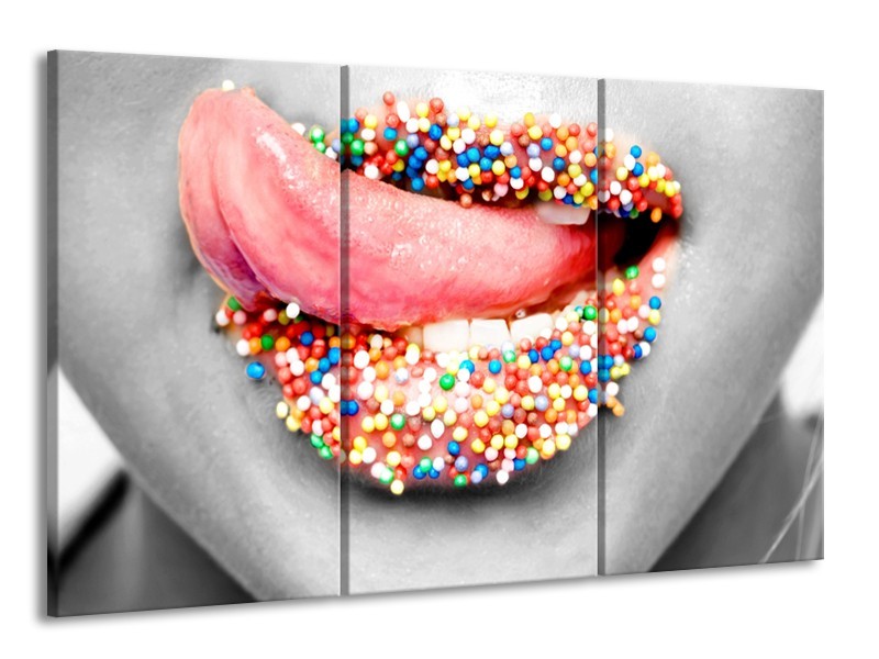 Canvas Schilderij Lippen, Tong | Grijs, Roze | 165x100cm 3Luik