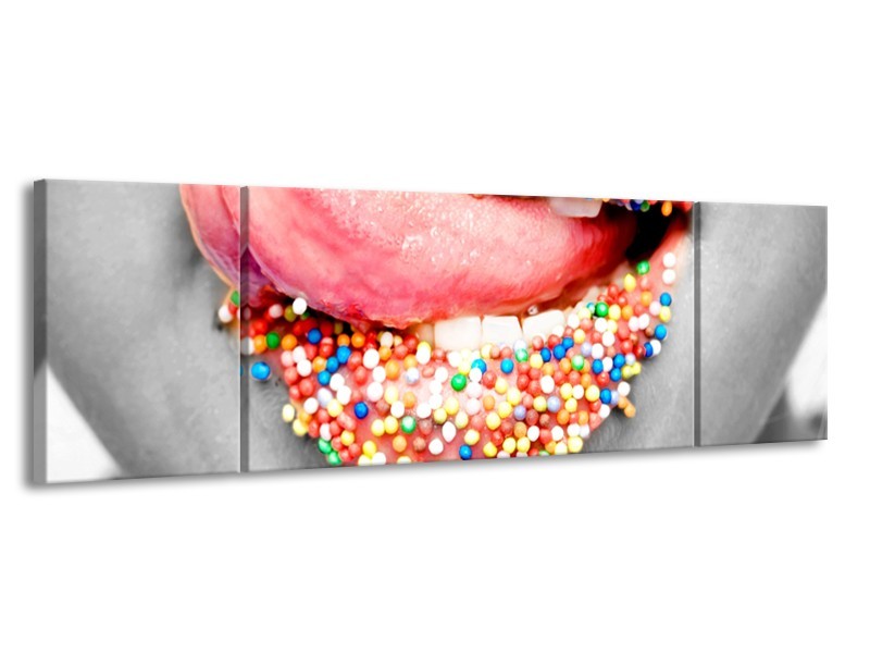 Canvas Schilderij Lippen, Tong | Grijs, Roze | 170x50cm 3Luik