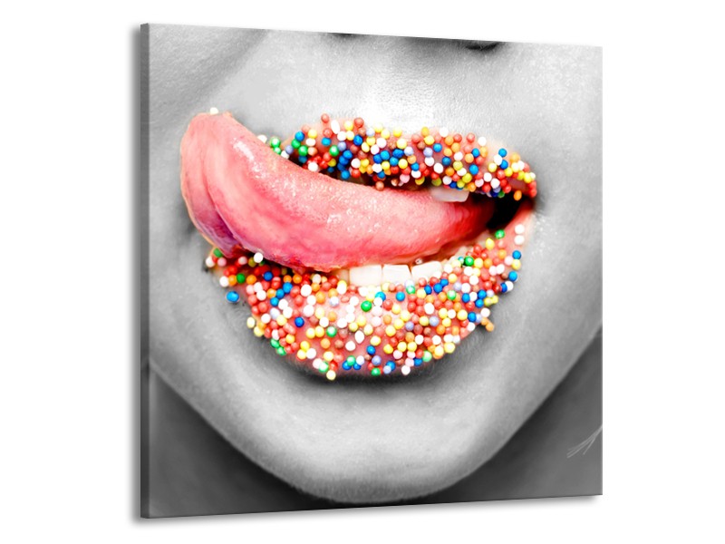 Canvas Schilderij Lippen, Tong | Grijs, Roze | 50x50cm 1Luik