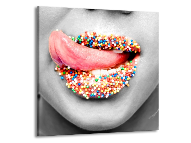 Canvas Schilderij Lippen, Tong | Grijs, Roze | 70x70cm 1Luik