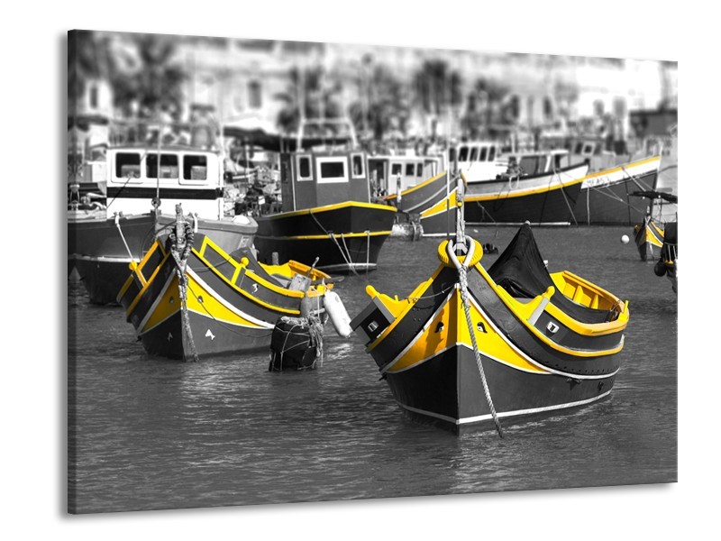 Glasschilderij Boot, Water | Zwart, Wit, Geel | 100x70cm 1Luik