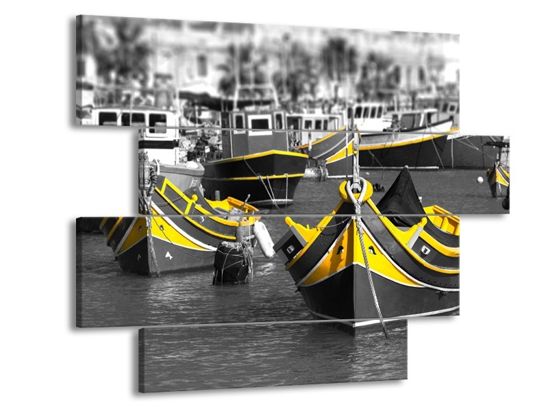 Canvas Schilderij Boot, Water | Zwart, Wit, Geel | 115x85cm 4Luik