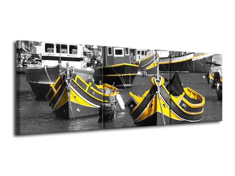 Canvas Schilderij Boot, Water | Zwart, Wit, Geel | 120x40cm 3Luik