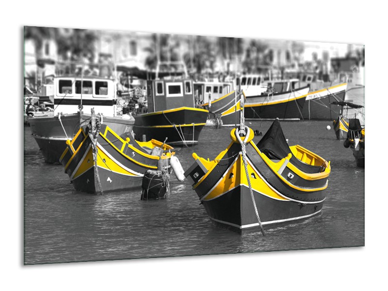 Glasschilderij Boot, Water | Zwart, Wit, Geel | 120x70cm 1Luik