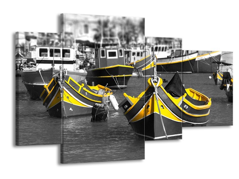 Glasschilderij Boot, Water | Zwart, Wit, Geel | 120x75cm 4Luik