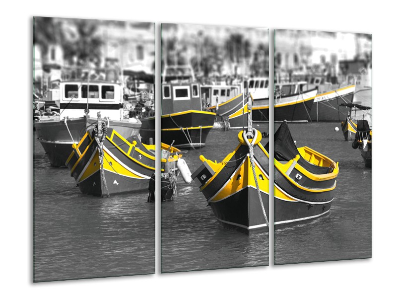 Glasschilderij Boot, Water | Zwart, Wit, Geel | 120x80cm 3Luik