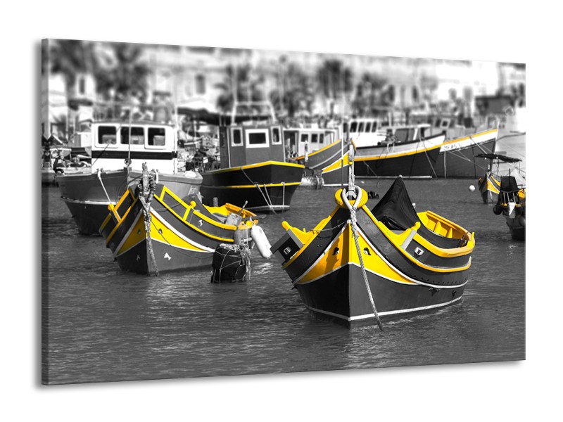 Glasschilderij Boot, Water | Zwart, Wit, Geel | 140x90cm 1Luik