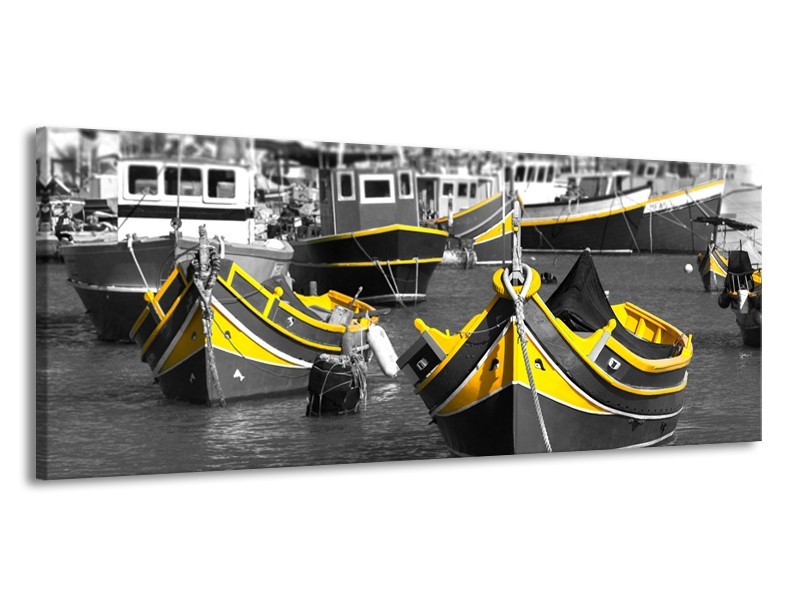 Glasschilderij Boot, Water | Zwart, Wit, Geel | 145x58cm 1Luik