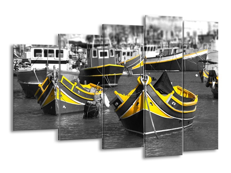 Canvas Schilderij Boot, Water | Zwart, Wit, Geel | 150x100cm 5Luik