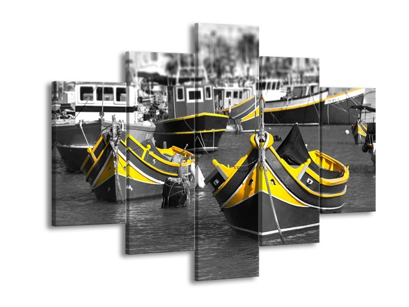 Glasschilderij Boot, Water | Zwart, Wit, Geel | 150x105cm 5Luik