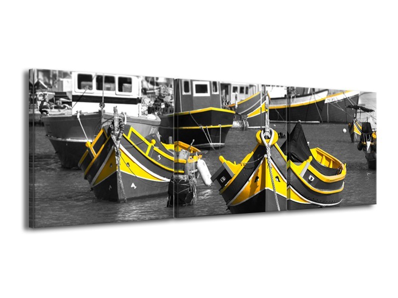 Canvas Schilderij Boot, Water | Zwart, Wit, Geel | 150x50cm 3Luik