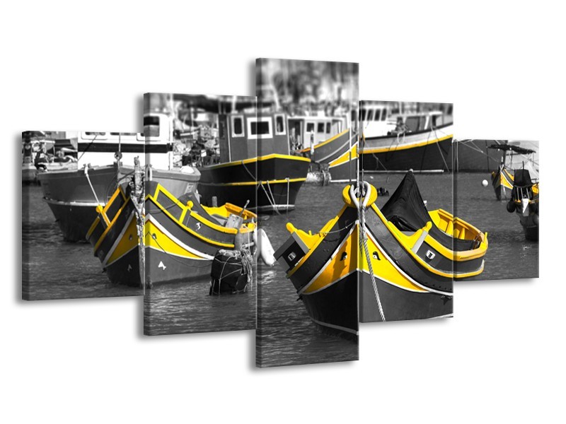 Glasschilderij Boot, Water | Zwart, Wit, Geel | 150x80cm 5Luik