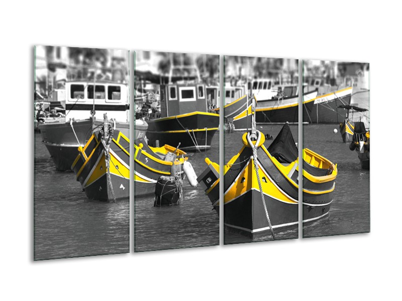 Glasschilderij Boot, Water | Zwart, Wit, Geel | 160x80cm 4Luik