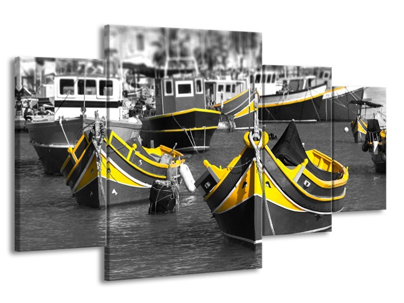 Glasschilderij Boot, Water | Zwart, Wit, Geel | 160x90cm 4Luik