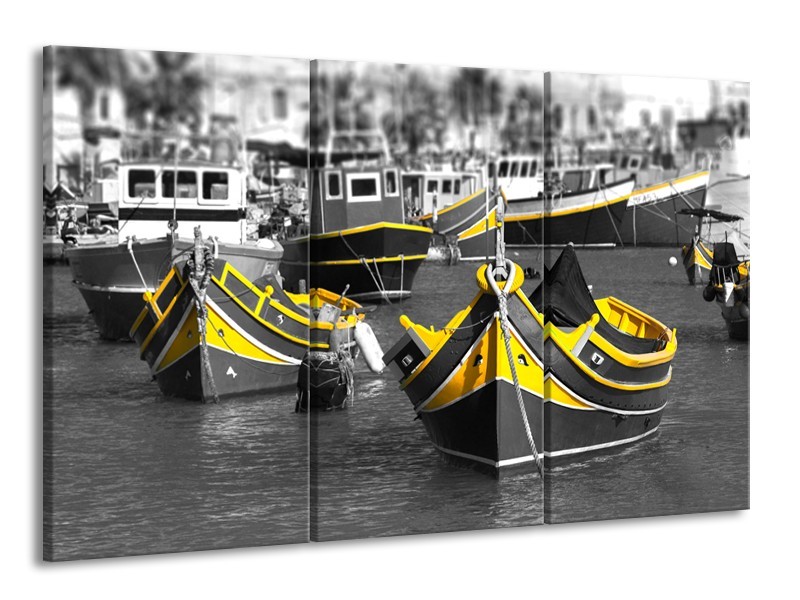 Glasschilderij Boot, Water | Zwart, Wit, Geel | 165x100cm 3Luik