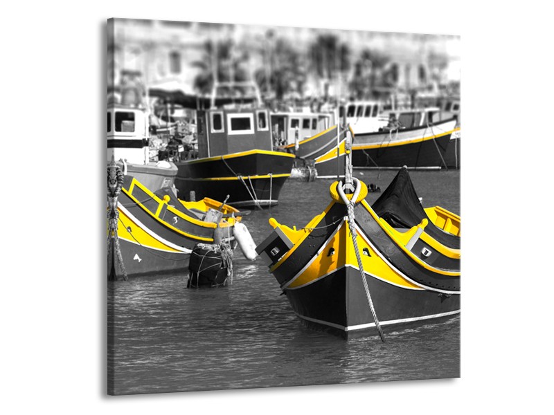 Glasschilderij Boot, Water | Zwart, Wit, Geel | 50x50cm 1Luik