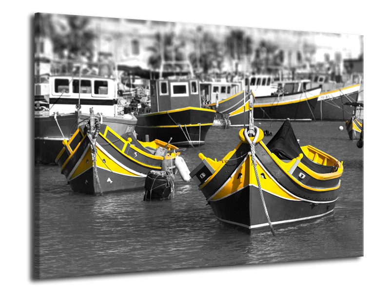 Canvas Schilderij Boot, Water | Zwart, Wit, Geel | 70x50cm 1Luik