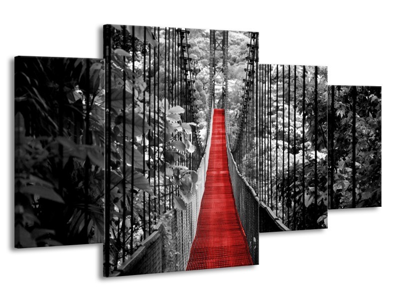 Canvas Schilderij Brug, Natuur | Zwart, Wit, Rood | 160x90cm 4Luik