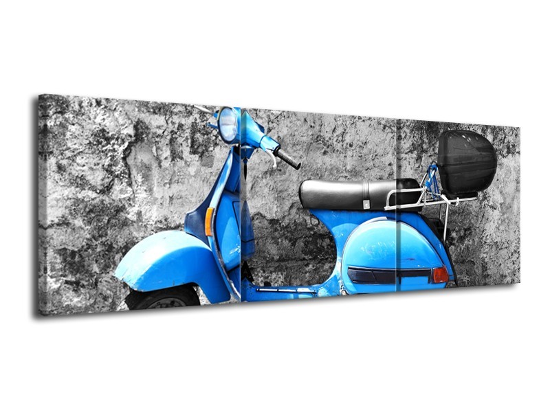 Canvas Schilderij Scooter, Motor | Grijs, Blauw | 120x40cm 3Luik