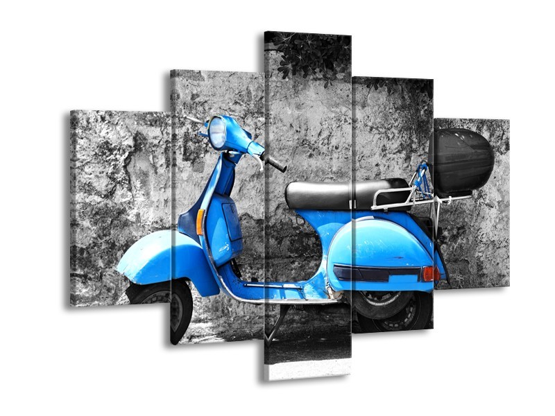Canvas Schilderij Scooter, Motor | Grijs, Blauw | 150x105cm 5Luik
