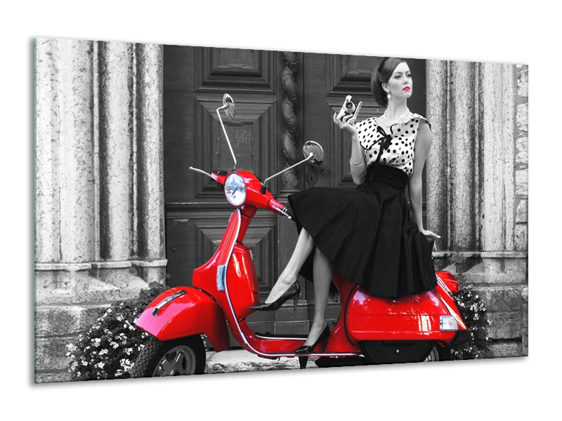 Glasschilderij Scooter, Vrouw | Zwart, Wit, Rood | 120x70cm 1Luik