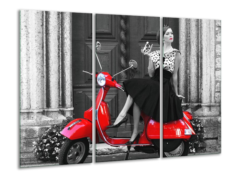 Glasschilderij Scooter, Vrouw | Zwart, Wit, Rood | 120x80cm 3Luik