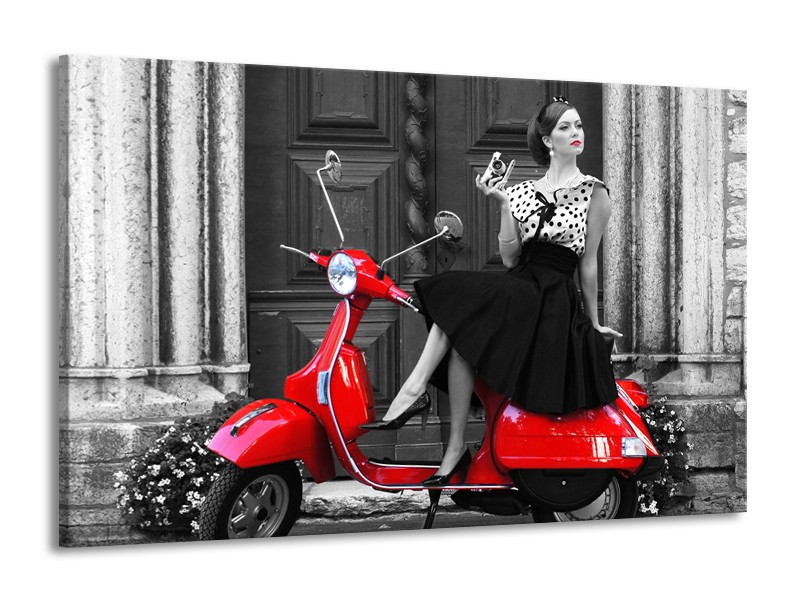 Canvas Schilderij Scooter, Vrouw | Zwart, Wit, Rood | 140x90cm 1Luik